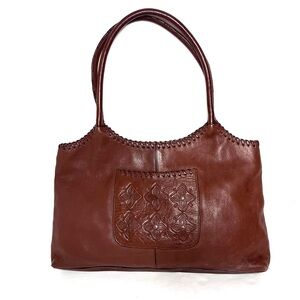 Anthropologie Isabella Bird Brown Leather Bag w/ Tooled Leather Front Pocket